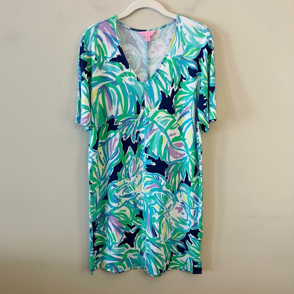 Lilly Pulitzer Lindley Caftan Dress Resort Navy Uptown Trunk Short Sleeve Xxs